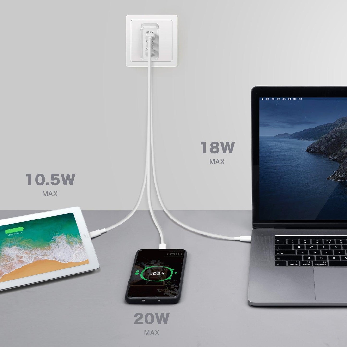 3 Port Wall Charging Adapter - Type C and USB A