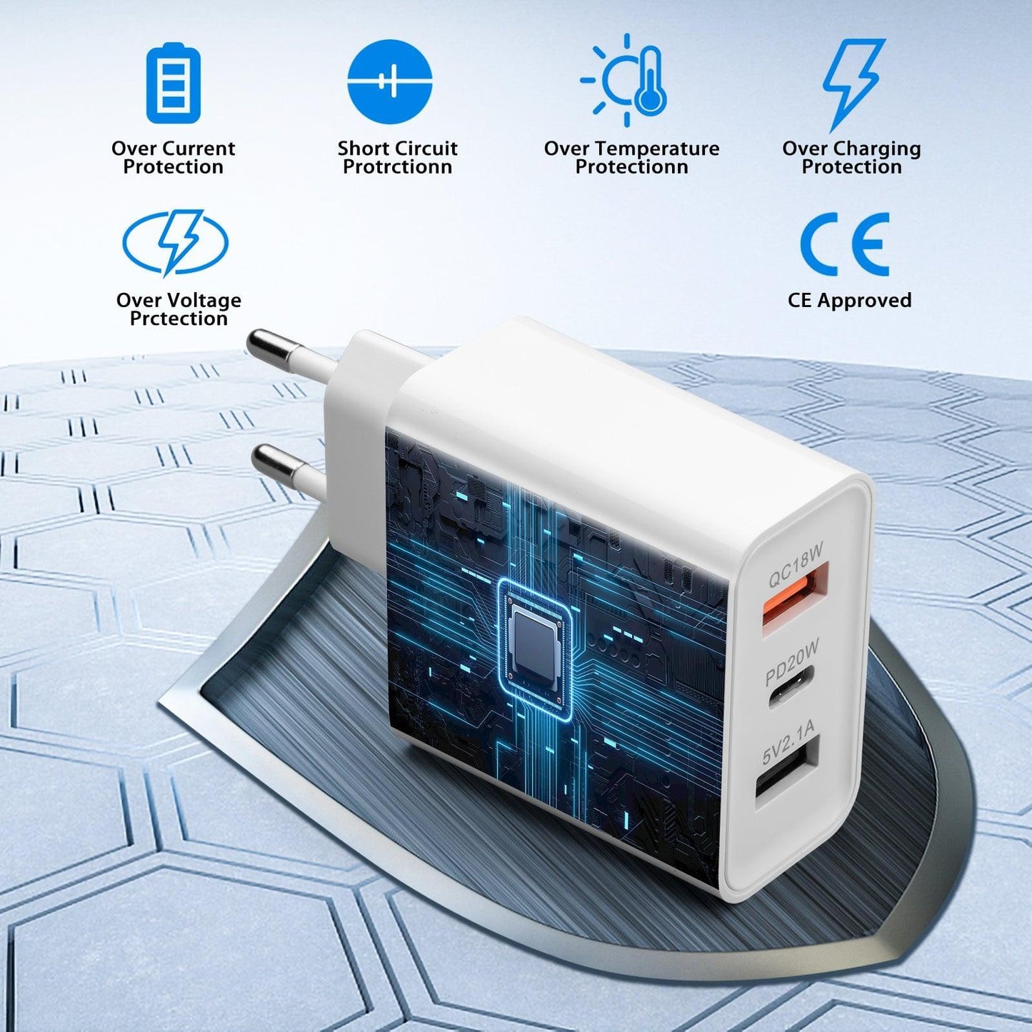 3 Port Wall Charging Adapter - Type C and USB A