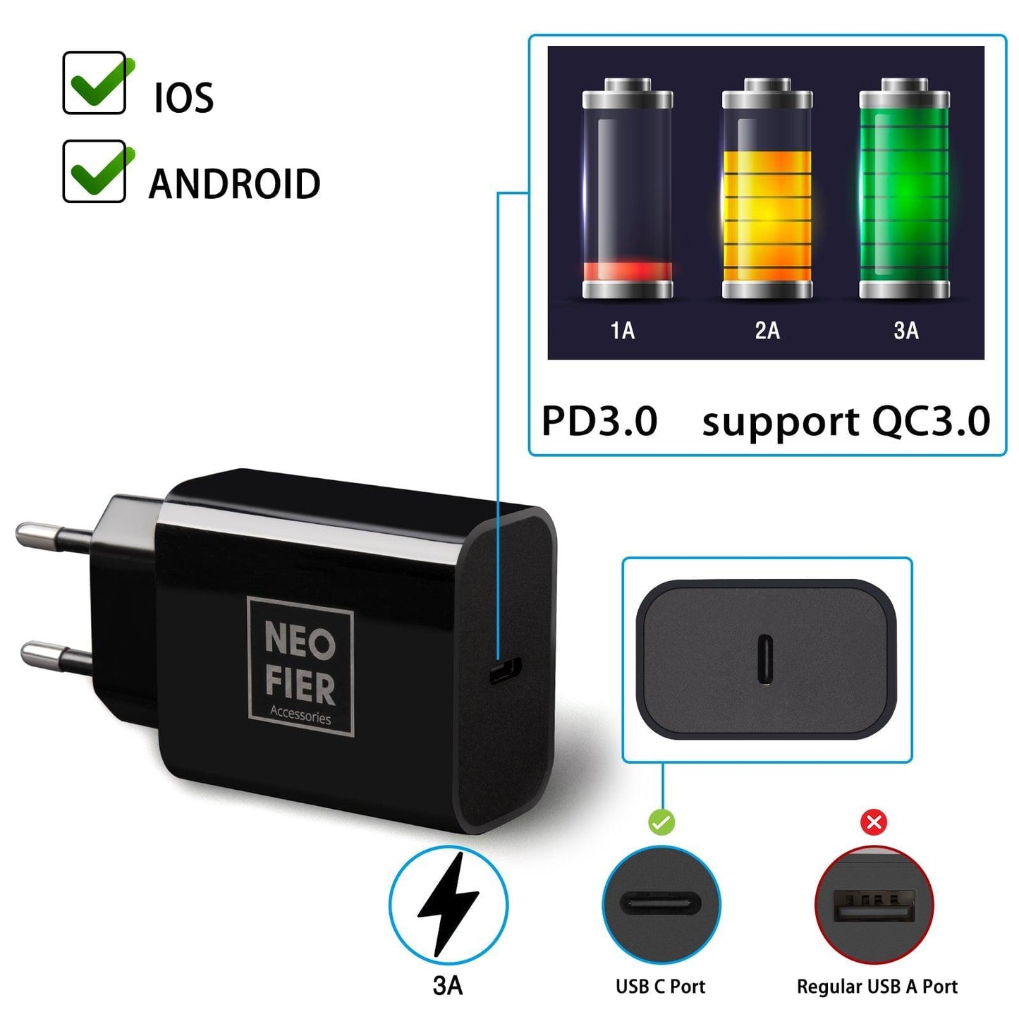 USB-C Wall Charger Adapter - 10V / Black